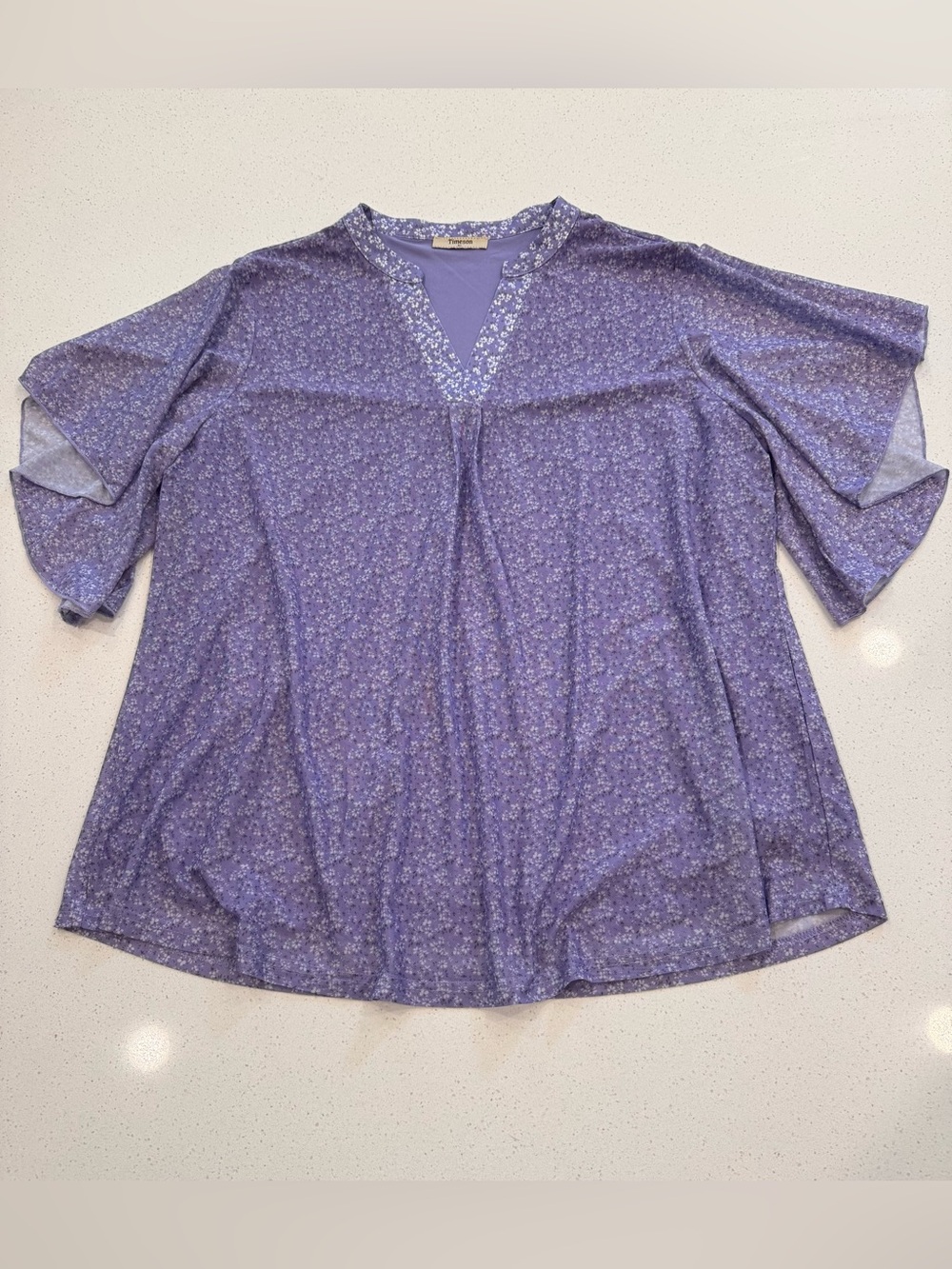 Timeson Womens Floral Tunic Top XL Purple V-Neck Flutter Short Sleeve Overlay